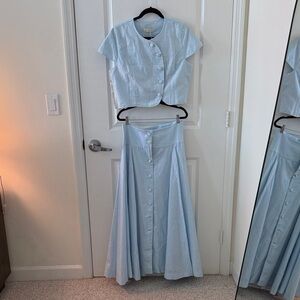 Vita Grace Rossala Linen Button Top and Skirt in Sky Blue - Size Large NWT